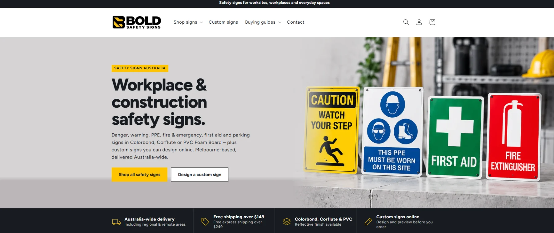 Bold Safety Signs Shopify store homepage